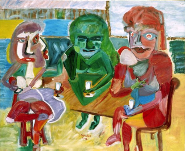 Amigas en chiringuito, 1998. óleo sobre cartón entelado, 60 x 73 cm