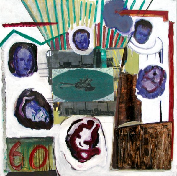 Recuerdo de nacimiento, 2001. acrílico y collage sobre lienzo, 120 x 120 cm