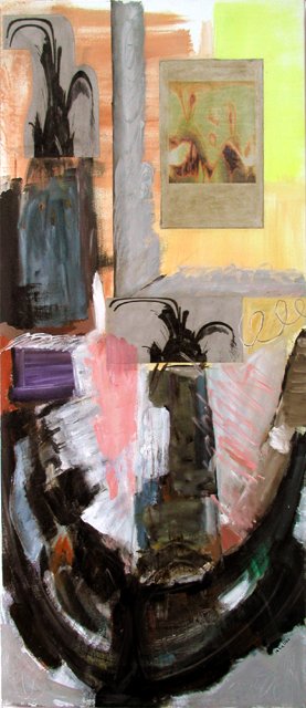Con humos III, 2001. pigmentos y collage sobre lienzo, 140 x 60 cm