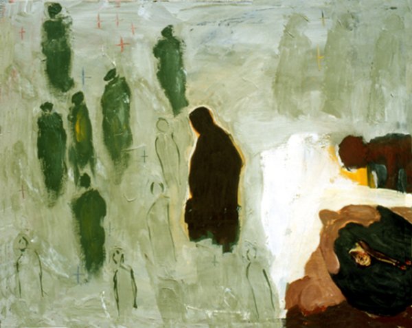 Accroché par un fil, Galerie X: «Du Fer au Titane» | «Del Hierro al Titanio». 2001, pigments et collage sur toile