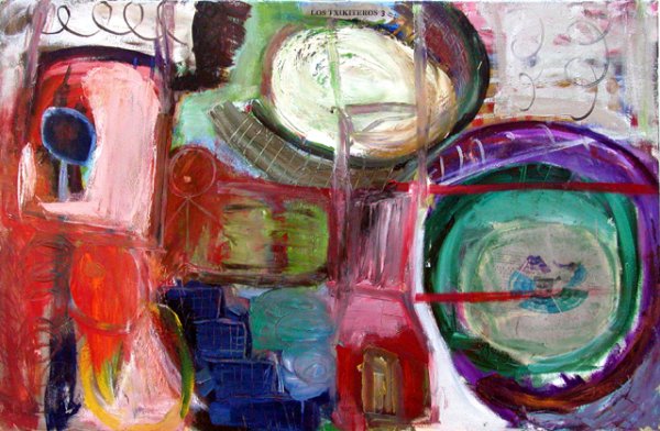 Los txikiteros 3, 2002. peinture à l'huile et collage sur toile, 60 x 92 cm